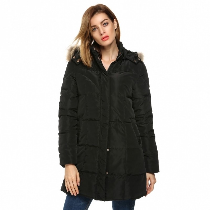 on clearance ANGVNS Women Casual Hooded Detachable Faux Fur Collar Long Coat Parka Outwear