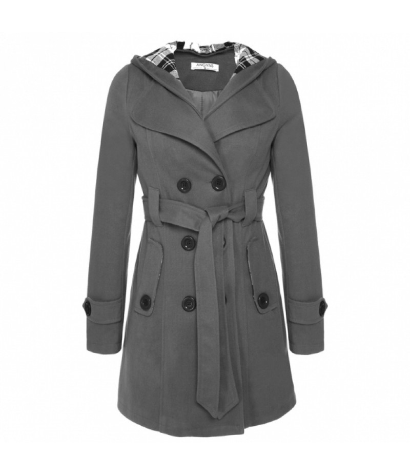 on clearance ANGVNS Stylish Women's Double Breasted Hooded Fleece Belted Jacket Coat