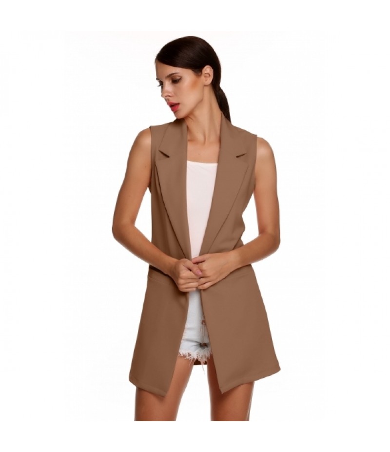 Meaneor Stylish Ladies Women Casual Sleeveless Lapel Pocket Solid Vest Coat Long Jacket Waistcoat Cardigan