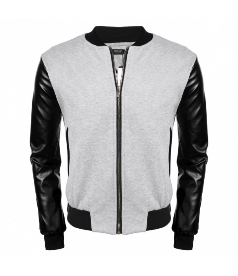 COOFANDY MenSynthetic Leather Patchwork Zipper Closure Casual Outwear Wool Blend Baseball Jacket