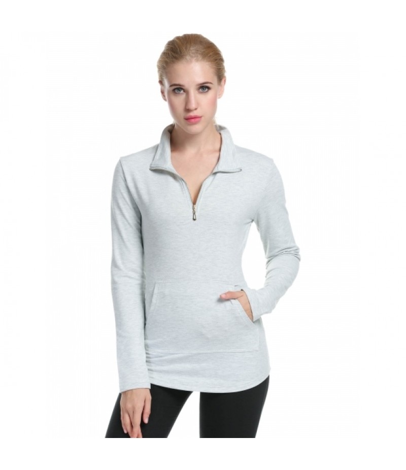 Women's Long Sleeve Solid Slim Half Zip Pocket Casual Blouse Tops