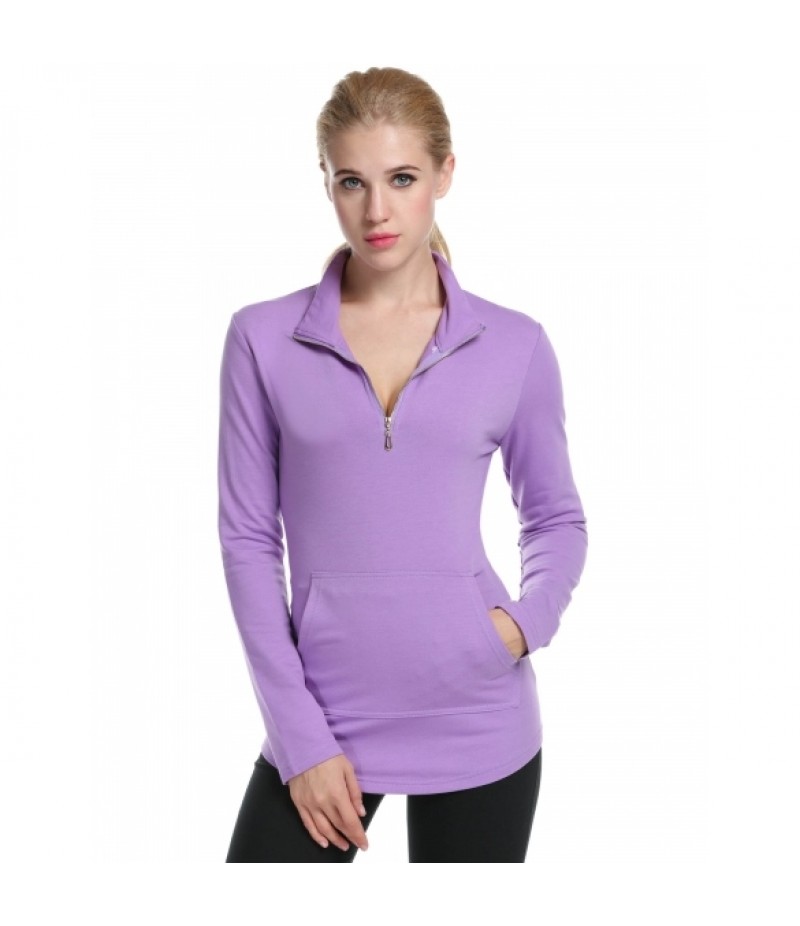 Women's Long Sleeve Solid Slim Half Zip Pocket Casual Blouse Tops