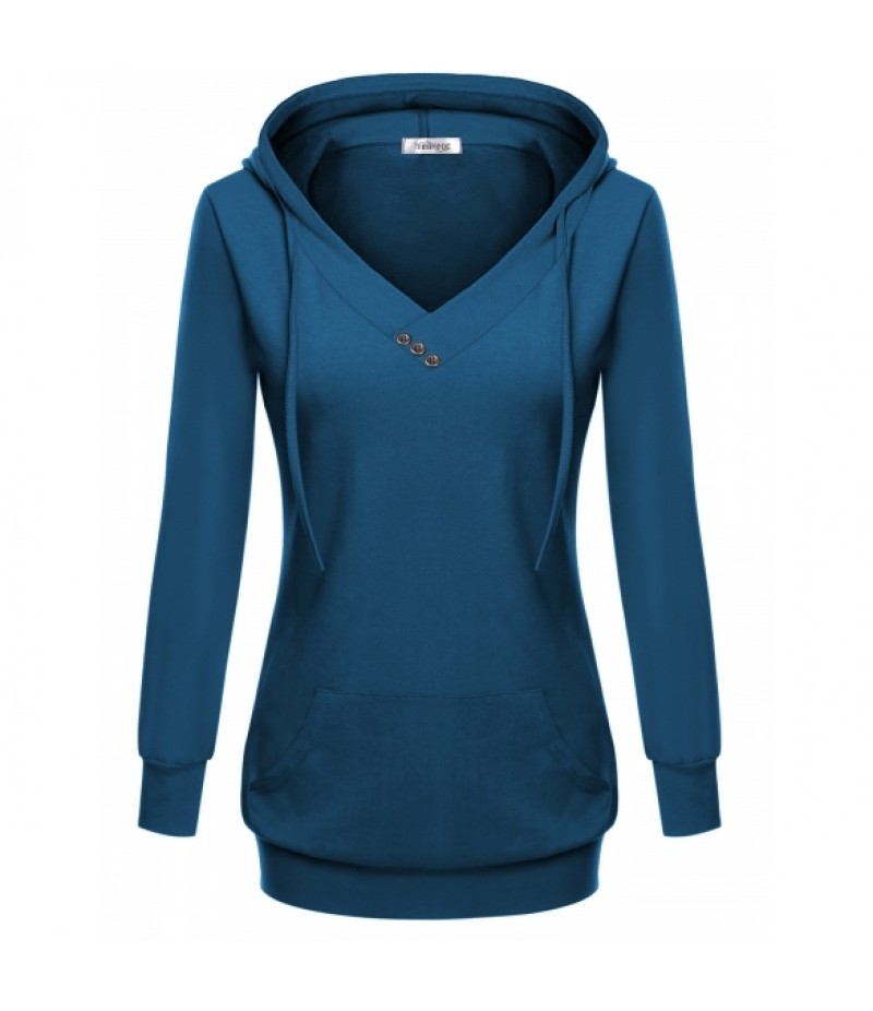 Women's Long Sleeve V Neck Hooded Solid Pullover Pocket Sweatshirt Hoodie