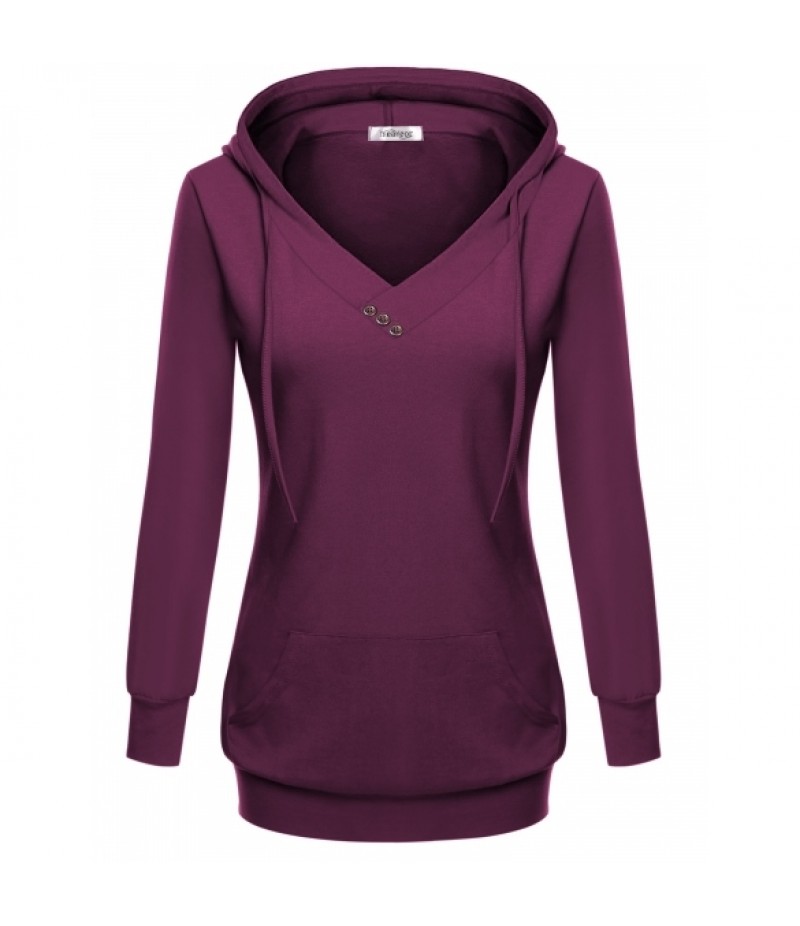 Women's Long Sleeve V Neck Hooded Solid Pullover Pocket Sweatshirt Hoodie