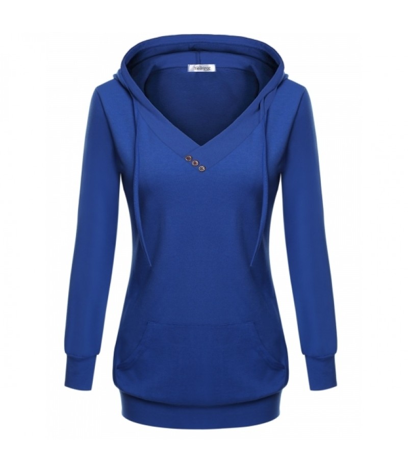 Women's Long Sleeve V Neck Hooded Solid Pullover Pocket Sweatshirt Hoodie