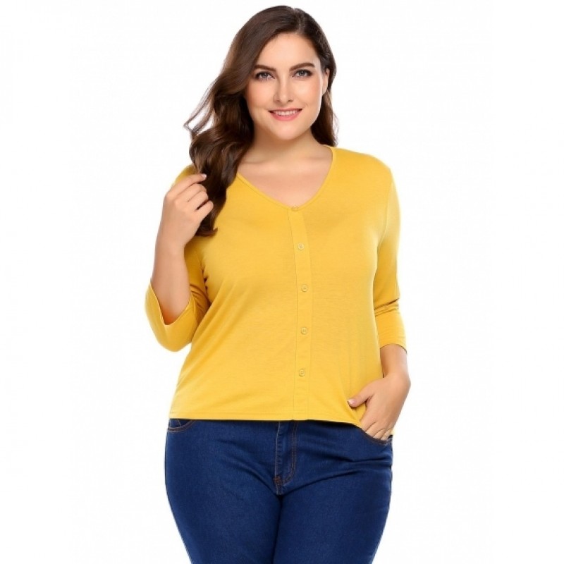 Solid Plus Sizes V-Neck 3/4 Sleeve Button Front Tops