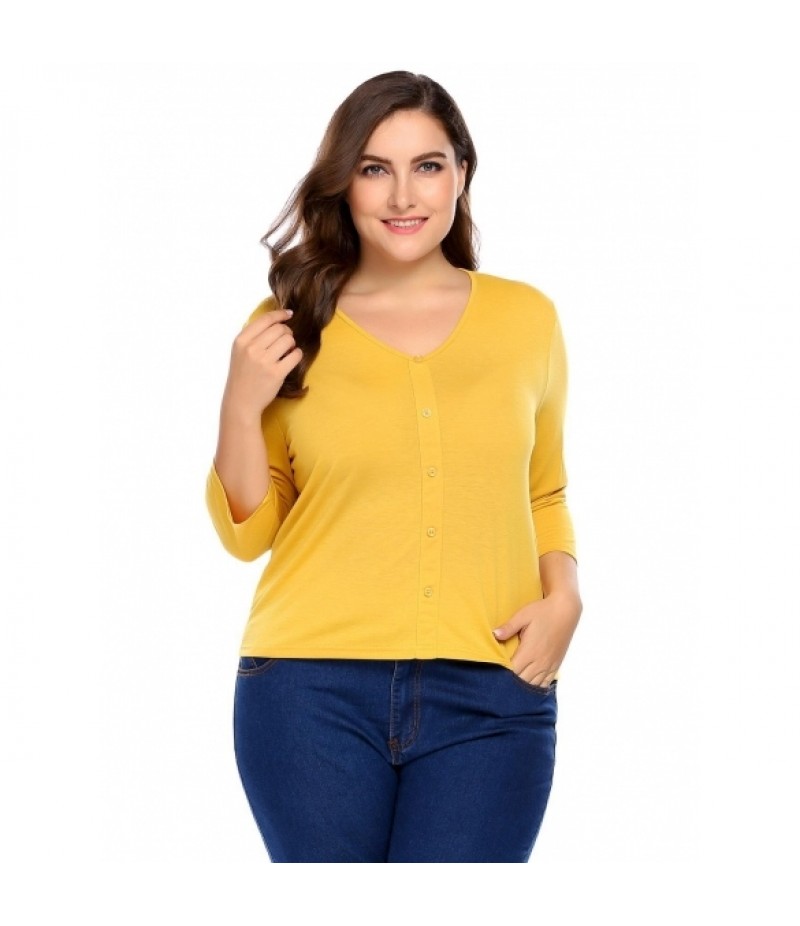 Solid Plus Sizes V-Neck 3/4 Sleeve Button Front Tops