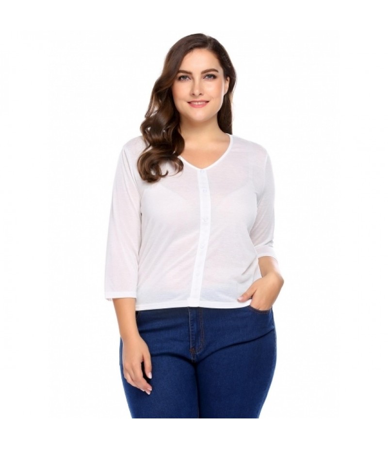 Solid Plus Sizes V-Neck 3/4 Sleeve Button Front Tops