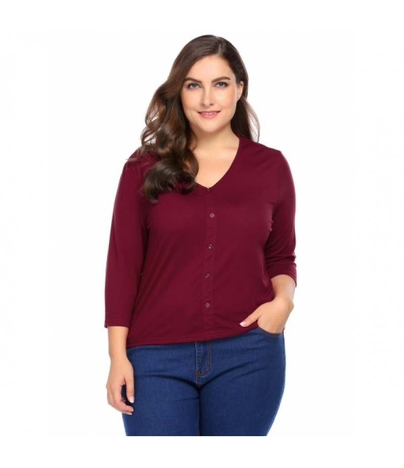 Solid Plus Sizes V-Neck 3/4 Sleeve Button Front Tops