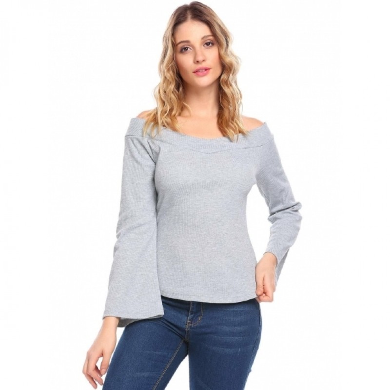 Women Casual Slash Neck Off the Shoulder Flare Sleeve Knitted Solid Charming Blouse Sweater