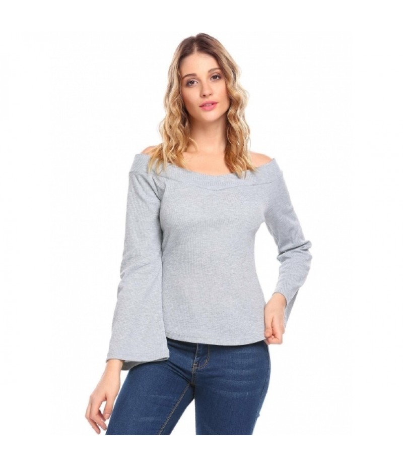 Women Casual Slash Neck Off the Shoulder Flare Sleeve Knitted Solid Charming Blouse Sweater