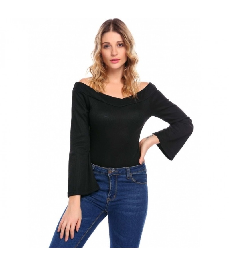 Women Casual Slash Neck Off the Shoulder Flare Sleeve Knitted Solid Charming Blouse Sweater