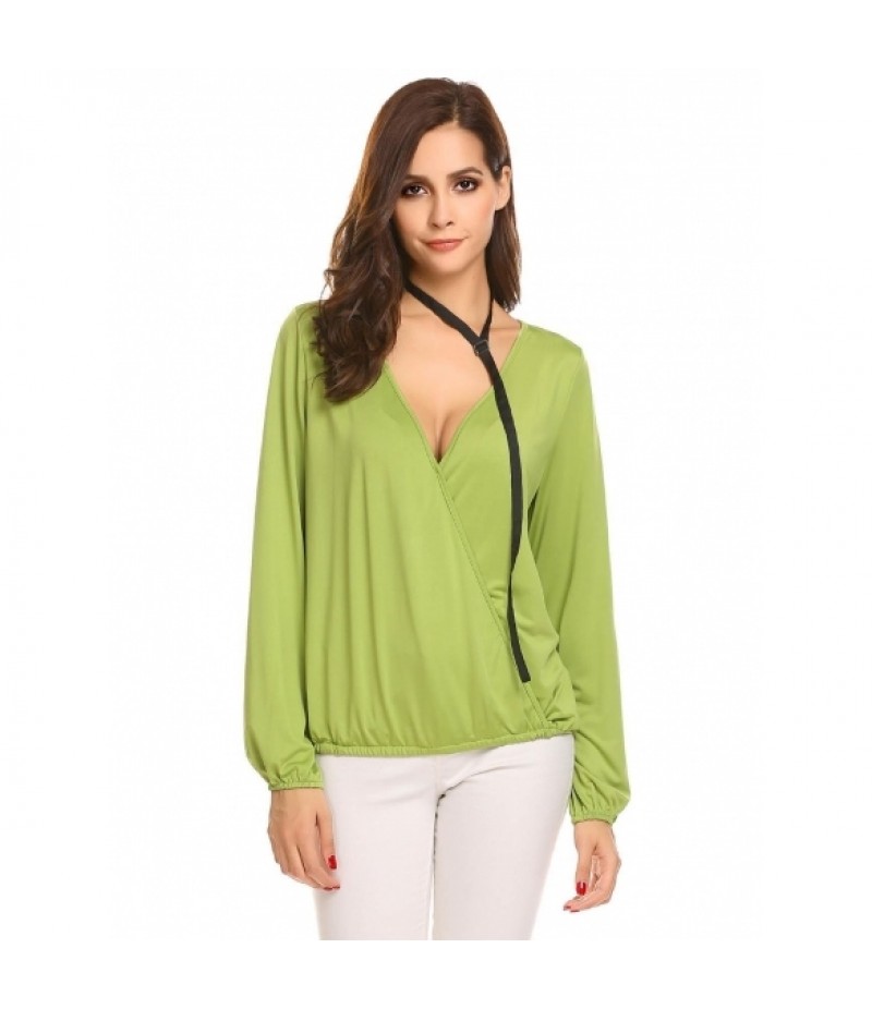 Women V-Neck Cross Front Long Sleeve Faux Wrap Pullover Blouse