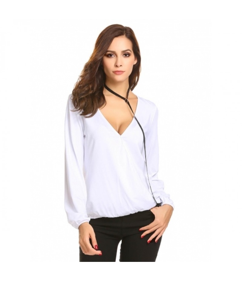 Women V-Neck Cross Front Long Sleeve Faux Wrap Pullover Blouse