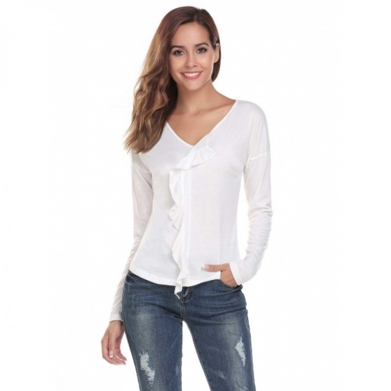 V-Neck Long Sleeve Solid Ruffle Tops