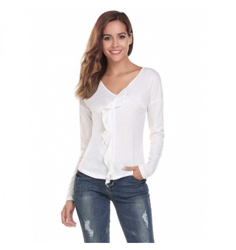 V-Neck Long Sleeve Solid Ruffle Tops