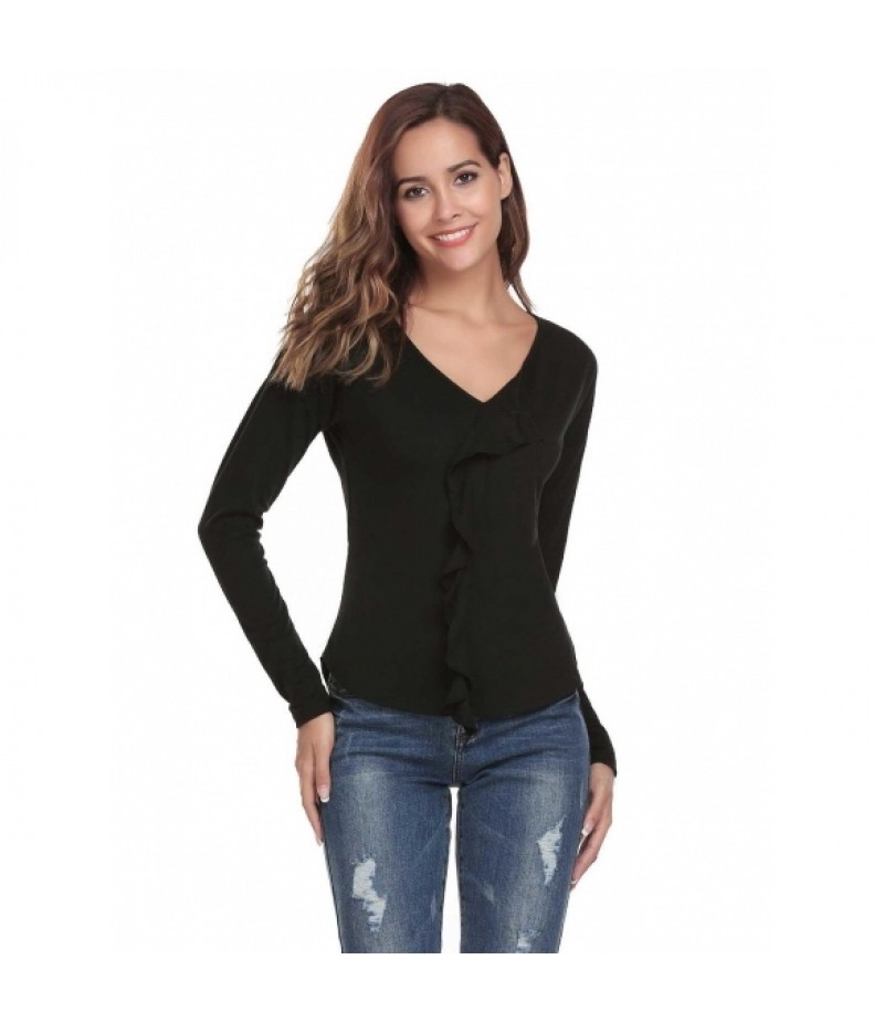 V-Neck Long Sleeve Solid Ruffle Tops