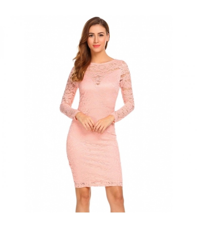 Women Casual O-Neck Long Sleeve Lace Floral Package Hip Slim Charming Dress