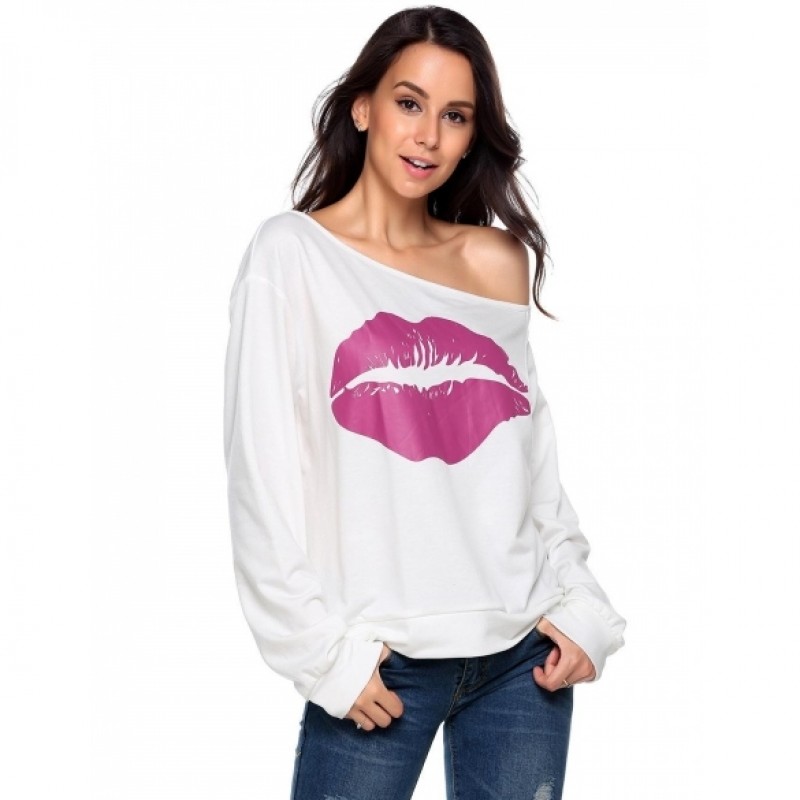 One Shoulder Long Sleeve Print Loose Sweatshirt