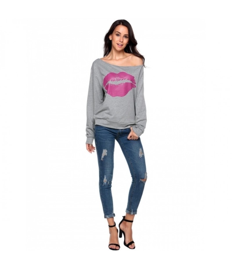 One Shoulder Long Sleeve Print Loose Sweatshirt