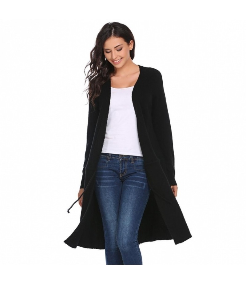 Solid Drawstring Open Front Knit Long Sleeve Cardigan