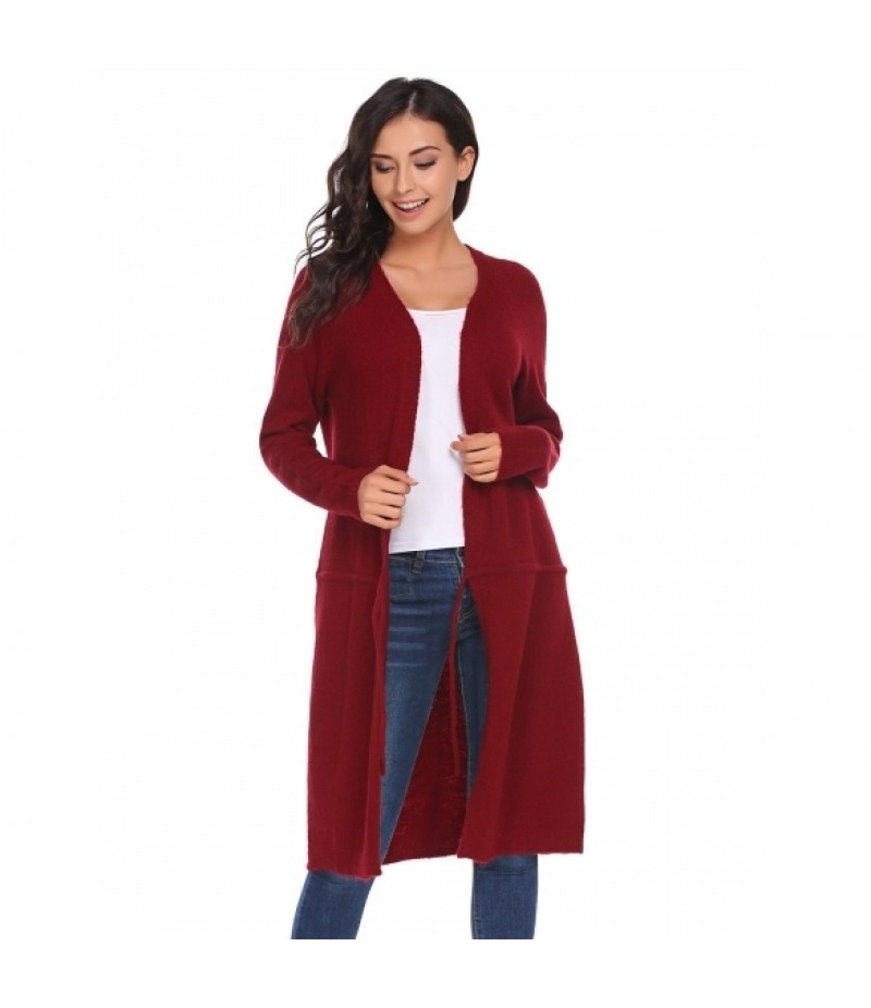 Solid Drawstring Open Front Knit Long Sleeve Cardigan