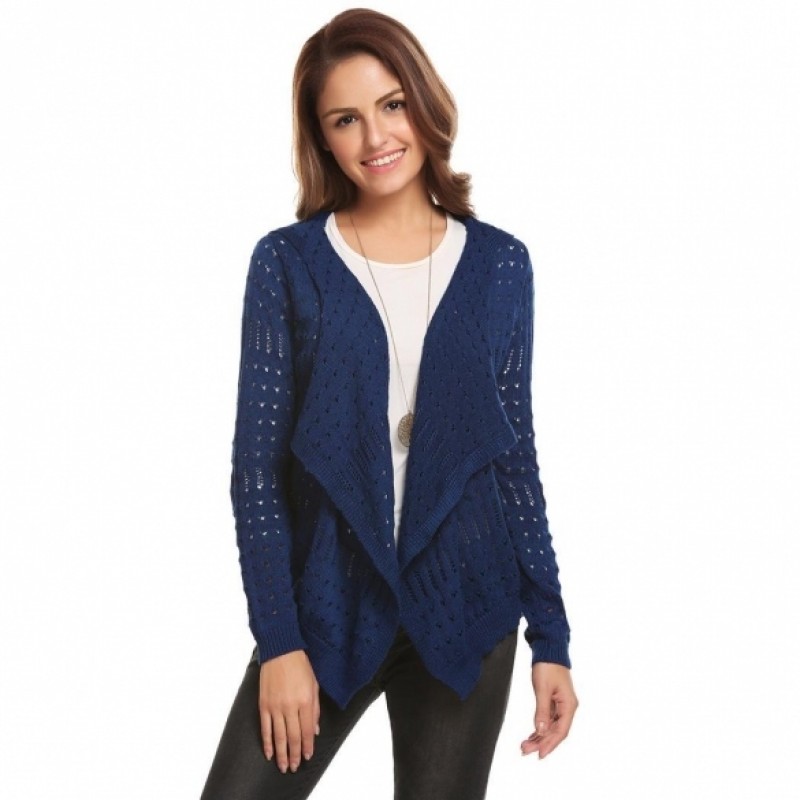 Women Casual Hooded Thread Hem and Cuffs Front Open Hollow Out Knitted Cardigan