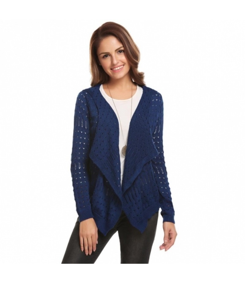 Women Casual Hooded Thread Hem and Cuffs Front Open Hollow Out Knitted Cardigan