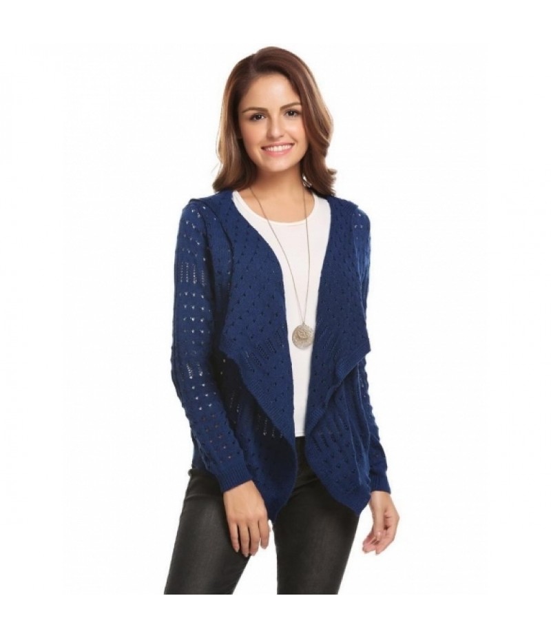 Women Casual Hooded Thread Hem and Cuffs Front Open Hollow Out Knitted Cardigan