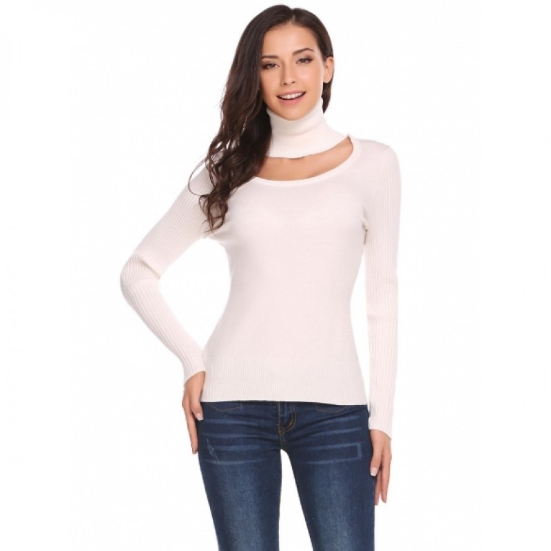 Solid High Neck Long Sleeve Keyhole Warm Knit Sweater