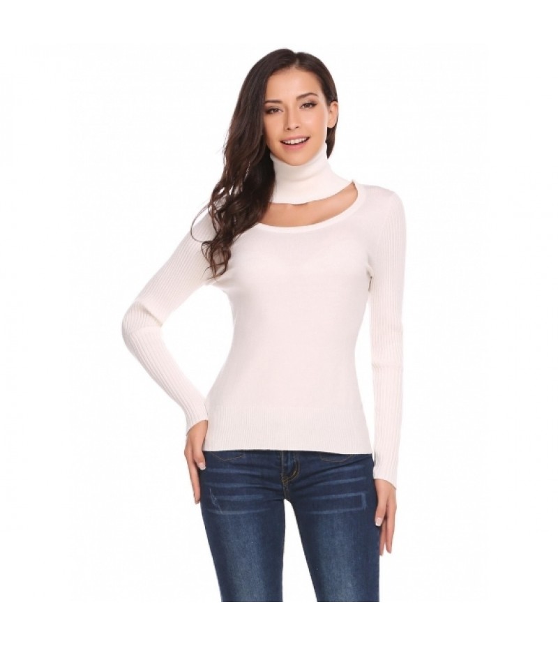 Solid High Neck Long Sleeve Keyhole Warm Knit Sweater