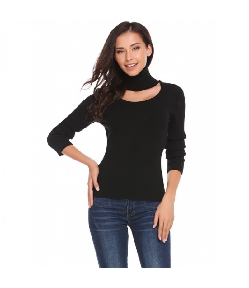 Solid High Neck Long Sleeve Keyhole Warm Knit Sweater