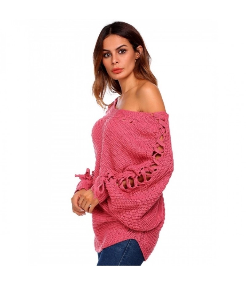 Slash Neck Long Bat Sleeve Solid Sweater