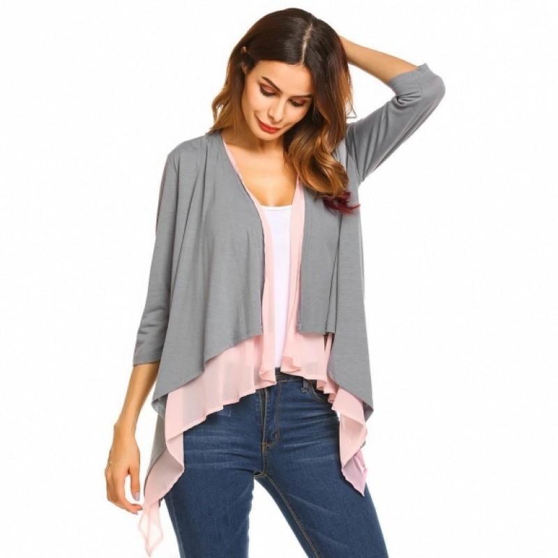 3/4 Sleeve Open Front Chiffon Patchwork Waterfall Draped Jacket