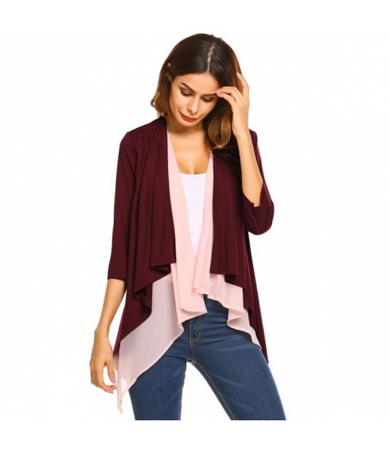 3/4 Sleeve Open Front Chiffon Patchwork Waterfall Draped Jacket