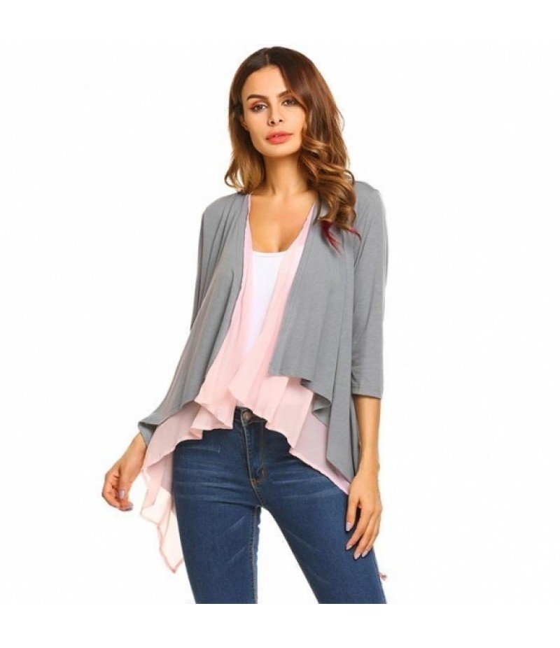 3/4 Sleeve Open Front Chiffon Patchwork Waterfall Draped Jacket