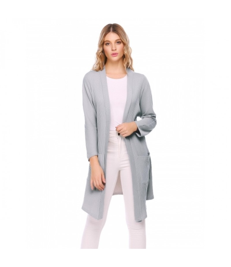 Raglan Long Sleeve Knitted Solid Drape Open Casual Long Cardigan with Pocket