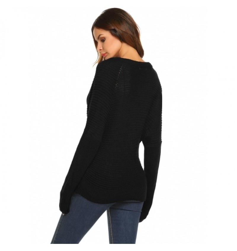 Women Casual Long Sleeve V-Neck Cable Knit Pullover Sweater