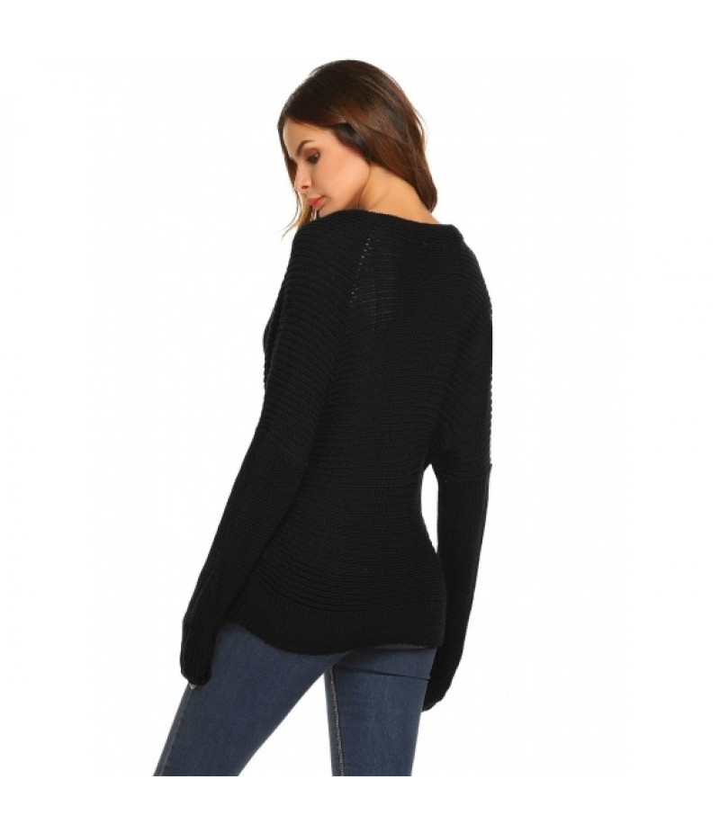 Women Casual Long Sleeve V-Neck Cable Knit Pullover Sweater