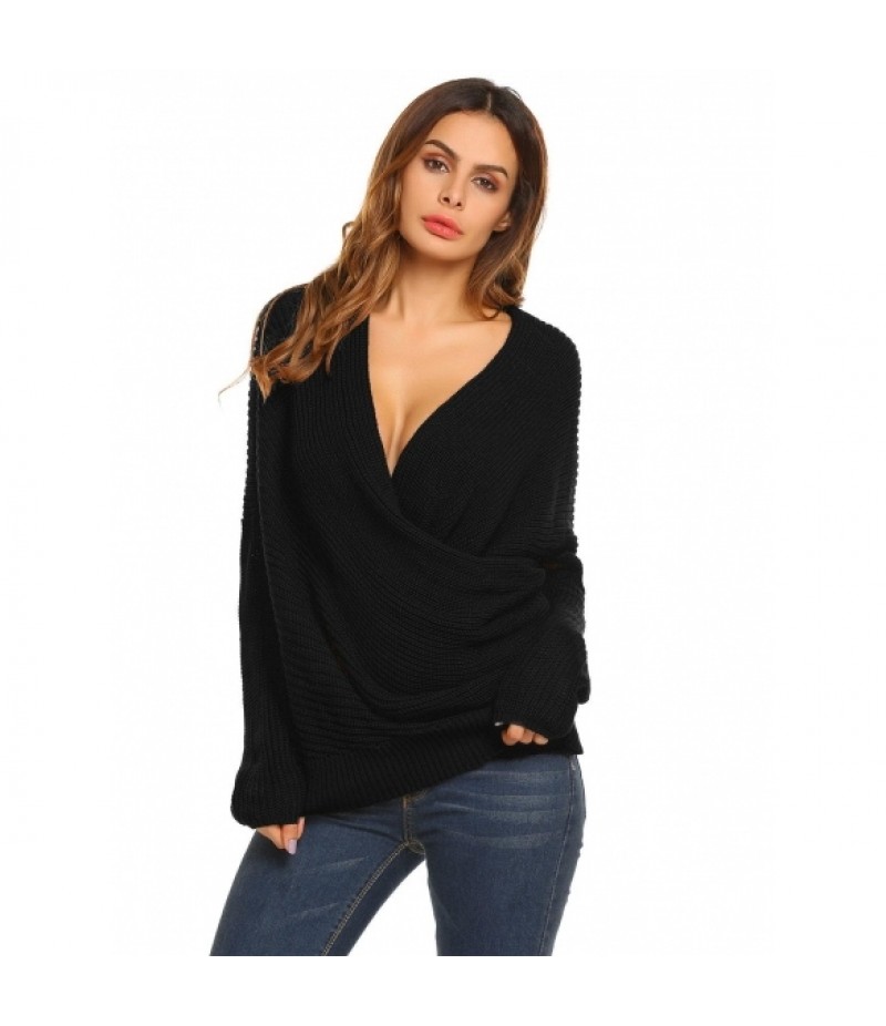 Women Casual Long Sleeve V-Neck Cable Knit Pullover Sweater