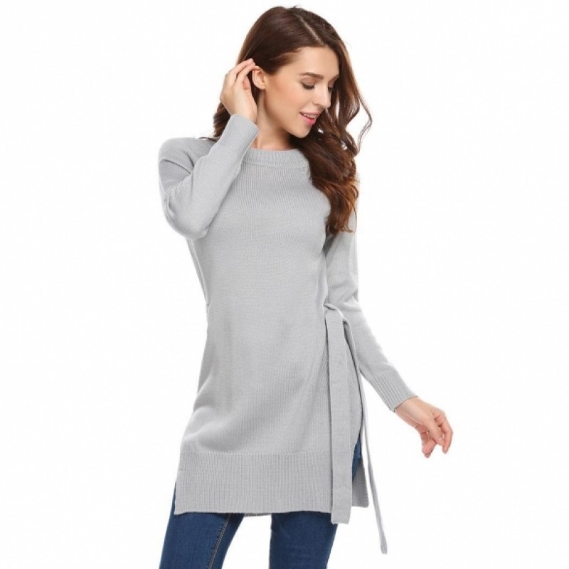 Solid Waist Bow Belt Split Hem Knit Long Sleeve Sweater