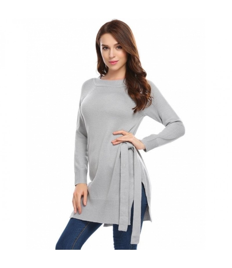 Solid Waist Bow Belt Split Hem Knit Long Sleeve Sweater