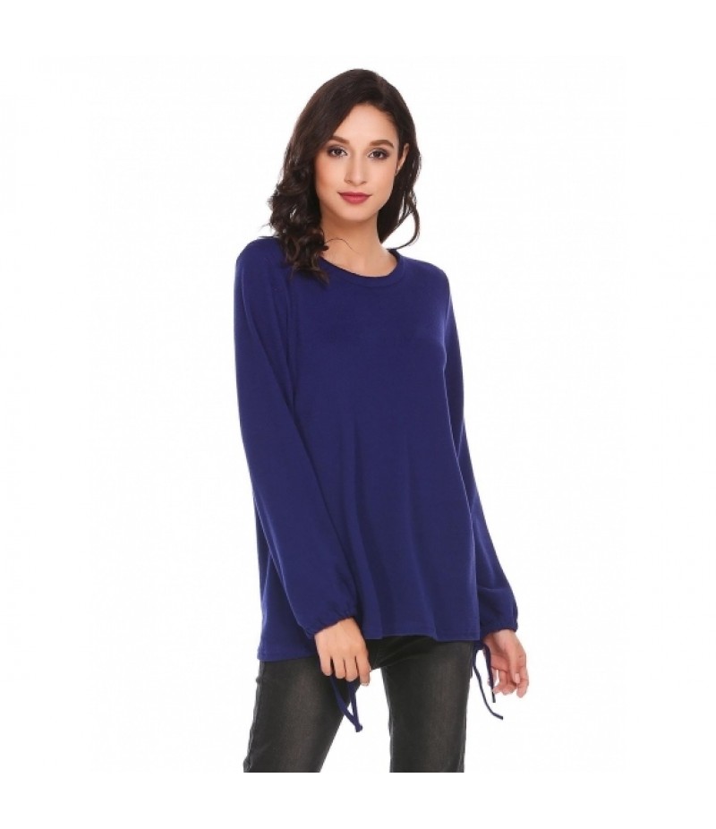 O Neck Solid Loose Fit Lantern Sleeve Casual Top