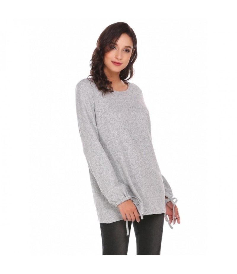 O Neck Solid Loose Fit Lantern Sleeve Casual Top