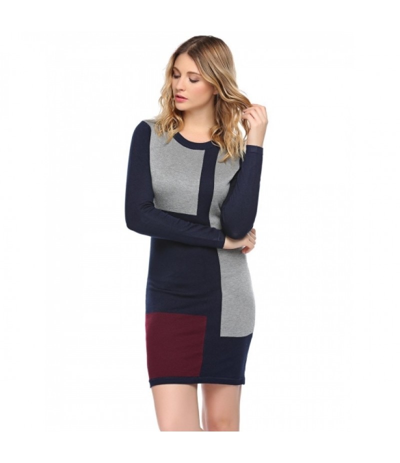 Women Casual O-Neck Long Sleeve Patchwork Slim Bodycon Pencil Sweater Dress