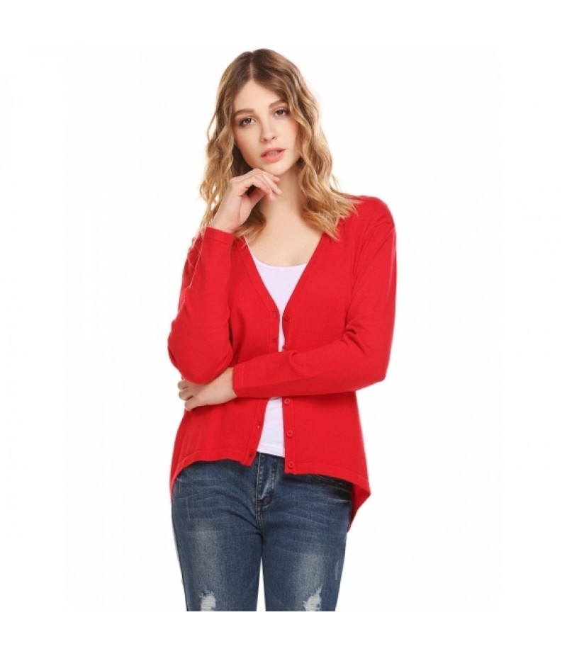 Women Casual V-Neck Long Sleeve Solid Button Asymmetrical Hem Charming Cardigan Sweater