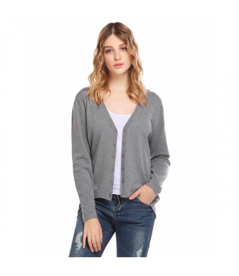 Women Casual V-Neck Long Sleeve Solid Button Asymmetrical Hem Charming Cardigan Sweater