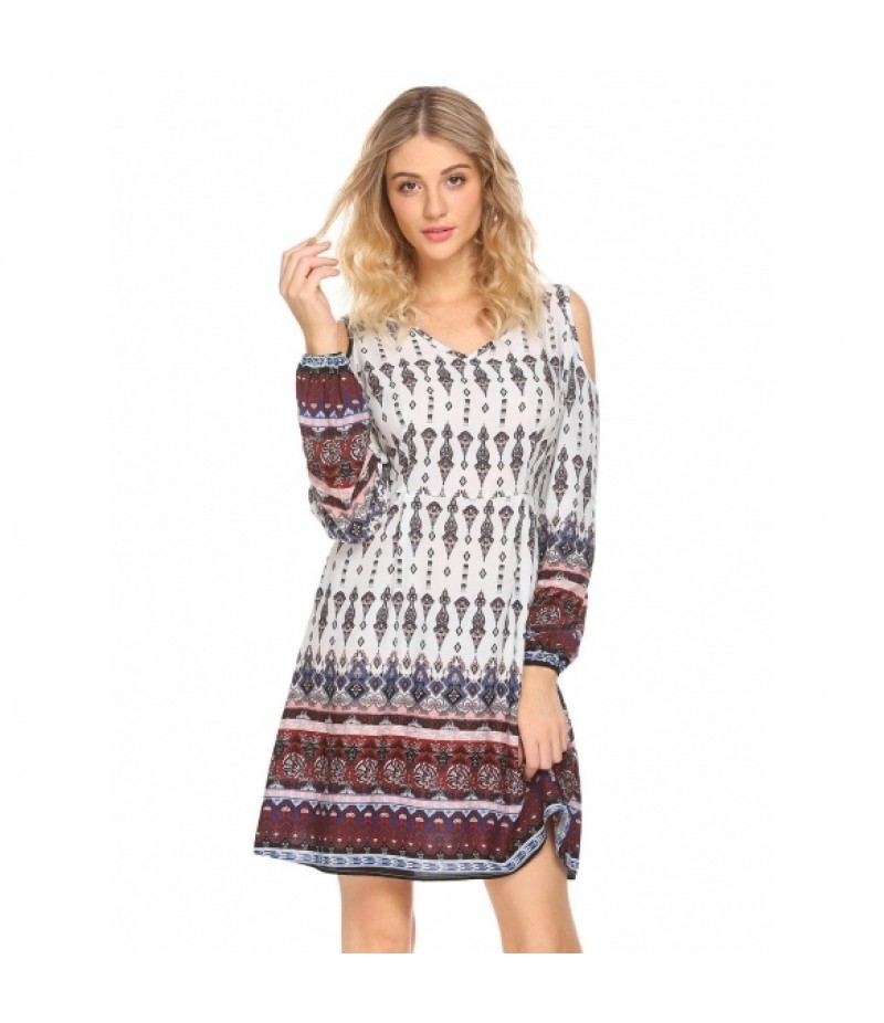 Boho V-Neck Cold Shoulder Long Sleeve Print Casual Dress