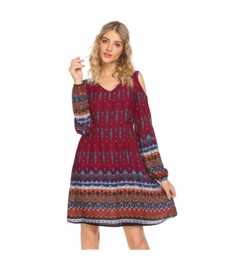 Boho V-Neck Cold Shoulder Long Sleeve Print Casual Dress