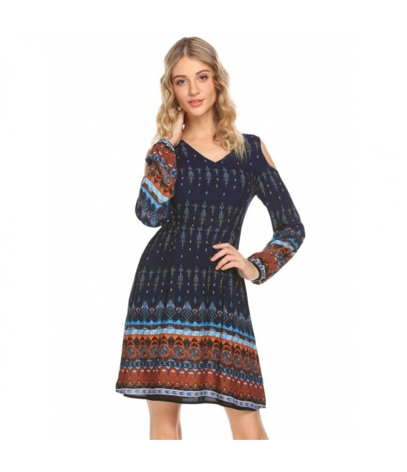 Boho V-Neck Cold Shoulder Long Sleeve Print Casual Dress